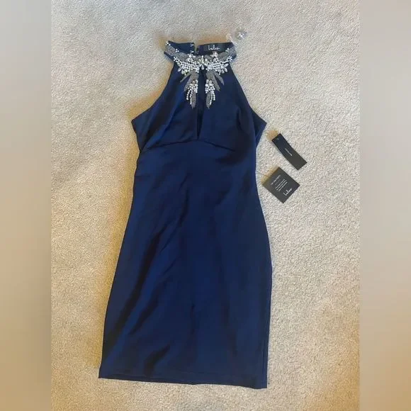 Alluring Evening Navy Blue Beaded Bodycon Dress. NWT. Size XS. - Picture 5 of 11